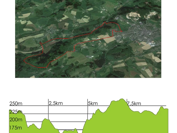 Höhenprofil Luftaufnahme zeigt eine markierte Wanderroute durch hügelige Landschaft mit Höhenprofil darunter.
