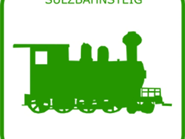 Markierungszeichen Suelzbahnsteig Das Bild zeigt eine grüne Silhouette einer Dampflok mit der Aufschrift "Sülzbahnsteig".