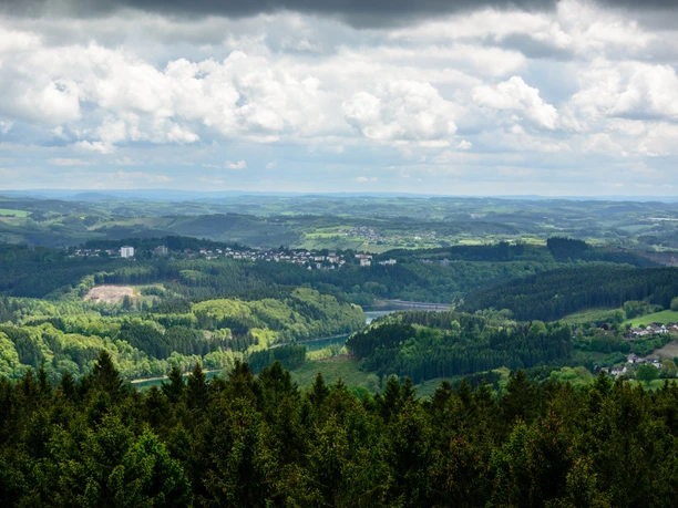 Aggertalsperre von oben Panoramablick auf eine weite grüne Landschaft mit Wäldern und vereinzelten Dörfern unter bewölktem Himmel.