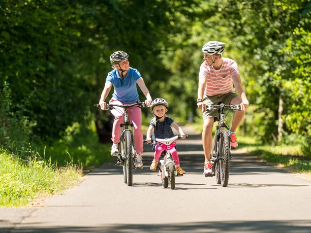 für Familien geeignet Eine Familie radelt fröhlich auf einem sonnigen Fahrradweg durch einen grünen Park.