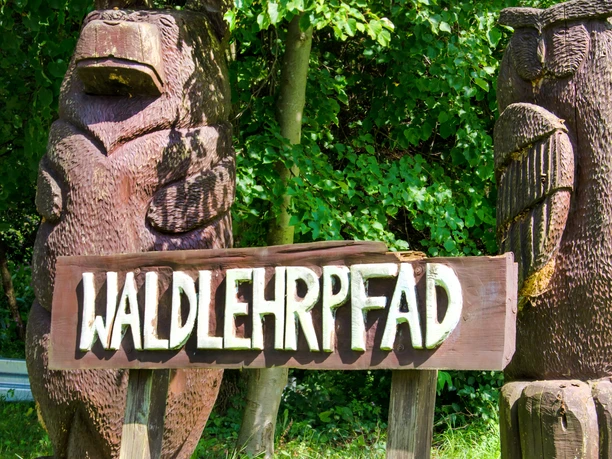 Waldlehrpfad Hölzerne Figuren von Bär und Eule flankieren ein Schild mit der Aufschrift "Waldlehrpfad".