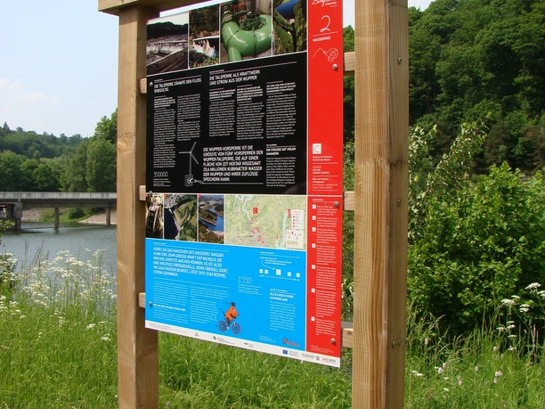 Infotafel am Wasserweg Eine Infotafel mit Texten und Bildern vor grüner Landschaft und einem Fluss in Hückeswagen.