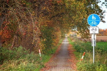 Emslandlager Dalum Schmaler Weg mit Laub bedeckt, flankiert von herbstlichen Bäumen und einem Geh- und Radwegschild.