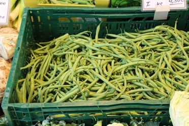 Wochenmarkt Frische grüne Bohnen in einer grünen Kunststoffkiste auf einem Wochenmarkt, umgeben von Gemüse.