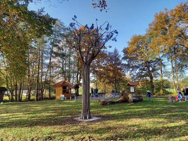 Lieblingsort Drakamp Godensholt im Herbst Im herbstlichen Drakamp Godensholt erstrahlt ein kunstvolles Baumdenkmal vor buntem Blattwerk und blauen Himmel.