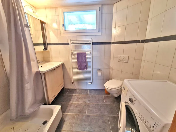 Salle de bains avec douche, lavabo, sèche-serviettes, WC et lave-linge