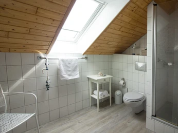 fewo_kaup_bad.JPG Badezimmer mit Dusche und WC unter Dachschräge