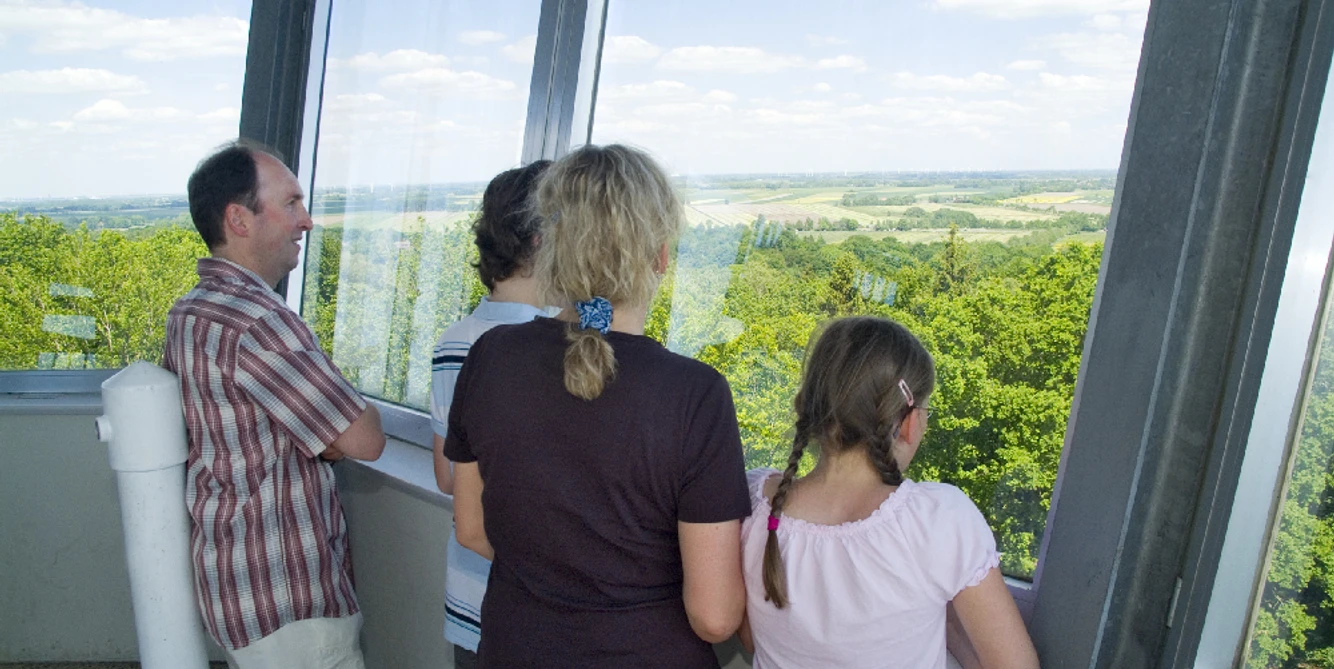 Wingst Deutscher Olymp - Fernsicht vom Turm Menschen genießen vom Turm aus den weiten Blick über Wälder und Felder bei klarem Himmel.From the tower, people enjoy the wide view over forests and fields under a clear sky.Fra tårnet kan folk nyde den brede udsigt over skove og marker under en klar himmel.Vanaf de toren genieten mensen van het weidse uitzicht over bossen en velden onder een heldere hemel.