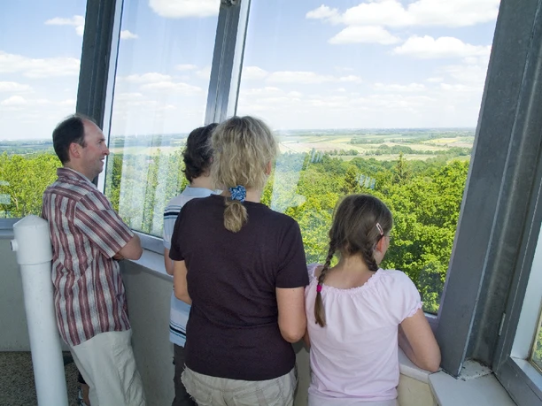 Wingst Deutscher Olymp - Fernsicht vom Turm Menschen genießen vom Turm aus den weiten Blick über Wälder und Felder bei klarem Himmel.