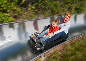 Spielpark Wingst Rodelbahn Woman and child whizz through the bend on the summer toboggan run in the Wingst play park, laughing.
