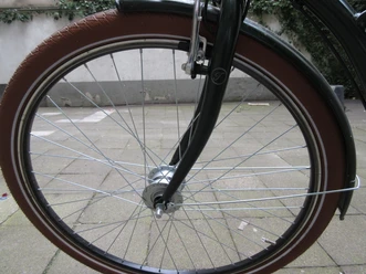 Ein schwarzes Fahrrad mit braunen Reifen steht auf einem gepflasterten Boden, umgeben von grünen Ranken.