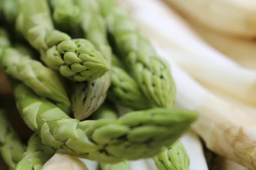 Frischer grüner und weißer Spargel aus Nienburg, dicht in einem Verzehrbündel angeordnet.