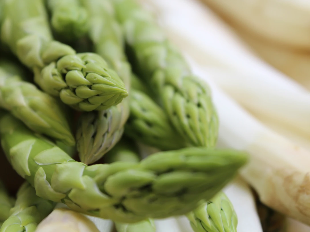 Nienburger Spargel Frischer grüner und weißer Spargel aus Nienburg, dicht in einem Verzehrbündel angeordnet.