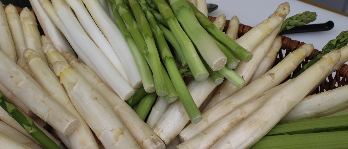 Nienburger Spargel Weiße und grüne Spargelstangen in einem Korb, frisch geerntet und gestapelt.