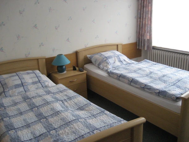 Two single beds with blue and white checked comforters, wooden chests of drawers and a blue table lamp.