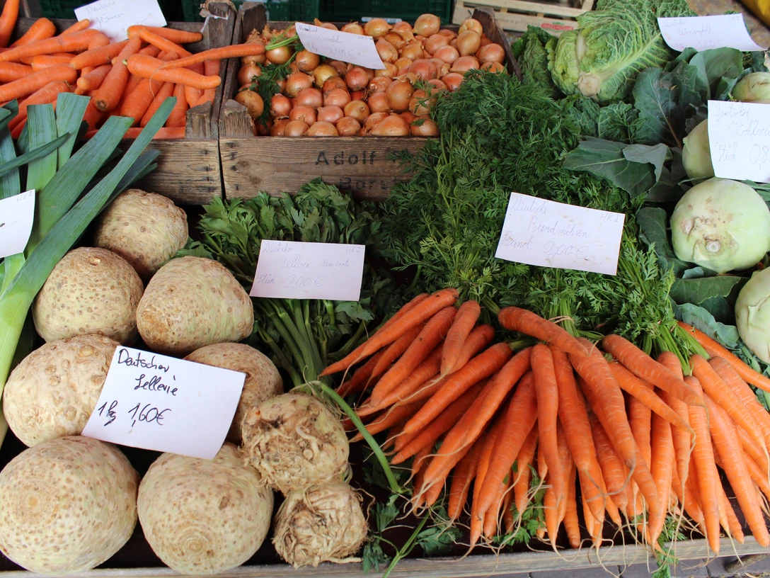 Verschiedene frische Gemüsesorten, darunter Karotten, Sellerie und Zwiebeln, liegen einladend auf einem Marktstand.