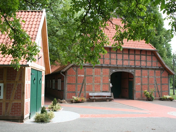 Fachwerkhaus mit rotem Ziegeldach und grünen Türen, umgeben von Bäumen, Pflaster und Bank.