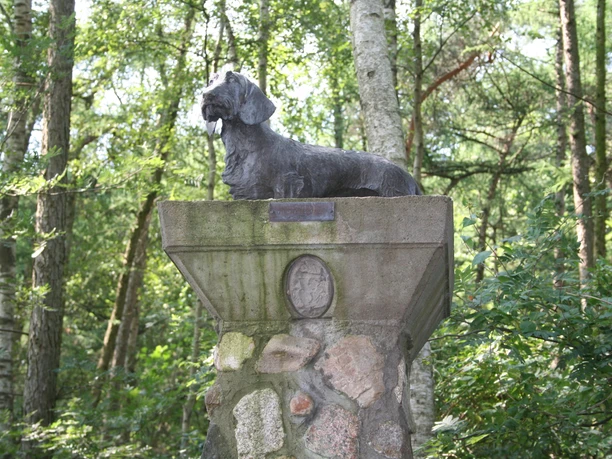 Hundedenkmal auf einem steinernen Sockel, umgeben von grünen Waldbäumen in natürlicher Umgebung.