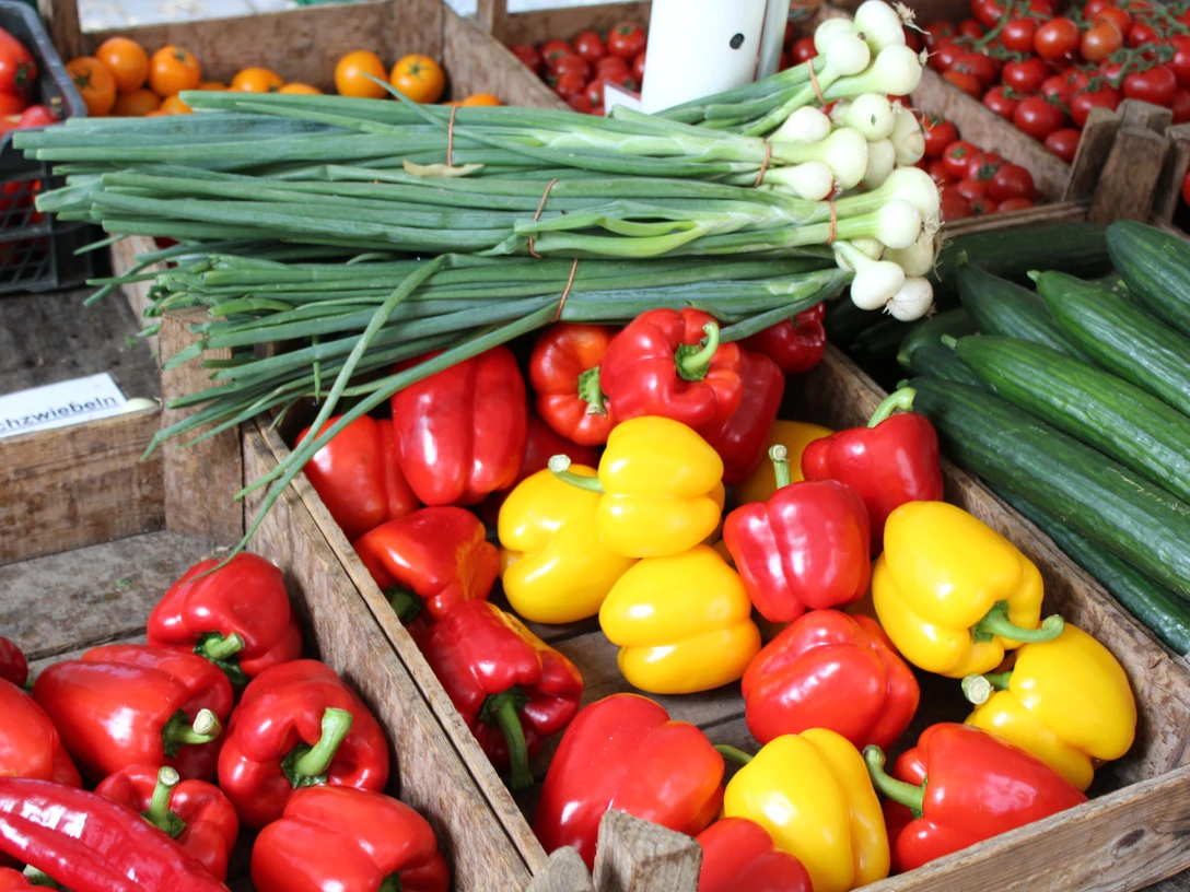 Bunte Paprika, Gurken und Lauchzwiebeln liegen in rustikalen Holzkisten auf einem Marktstand.