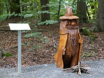 Brüder Grimm Märchenwanderweg Bad Rehburg Holzskulptur eines stehenden, bärtigen Zauberers mit spitzem Hut, umgeben von Waldbäumen und Laub.