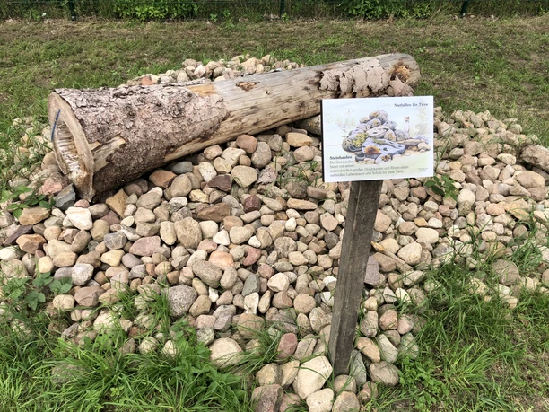 Naturlehrpfad mit liegendem Baumstamm, umgeben von Steinen und einer Infotafel zu Tierspuren.