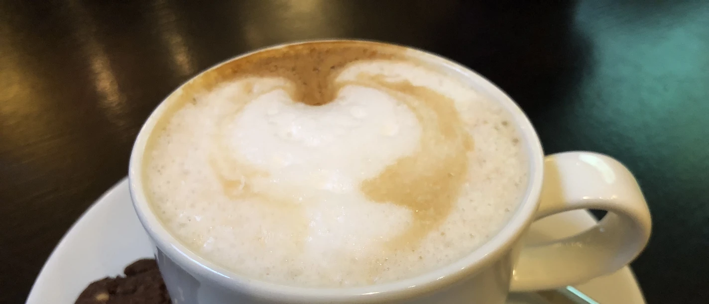 Kaffeetasse Cappuccino mit cremigem Milchschaum in der Tasse, auf einem weißen Unterteller mit Schokokeks.
