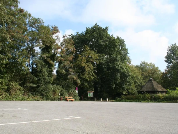 Wanderparkplatz "Schwarzer Brink" Wanderparkplatz mit großzügiger Fläche, umgeben von dichten Bäumen und einem hölzernen Pavillon.