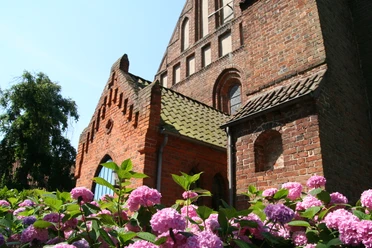 Kirche St. Cosmae und Damiani Backsteinkirche mit hübschen Dachfirsten und Rosen im Vordergrund unter klarem blauem Himmel.