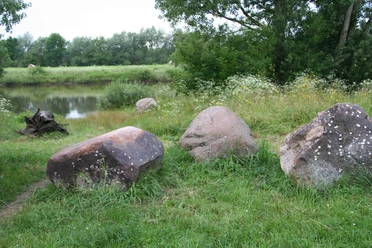 Drei große, bemooste Steine liegen in einer grünen Wiese vor einem Fluss, umgeben von Bäumen.
