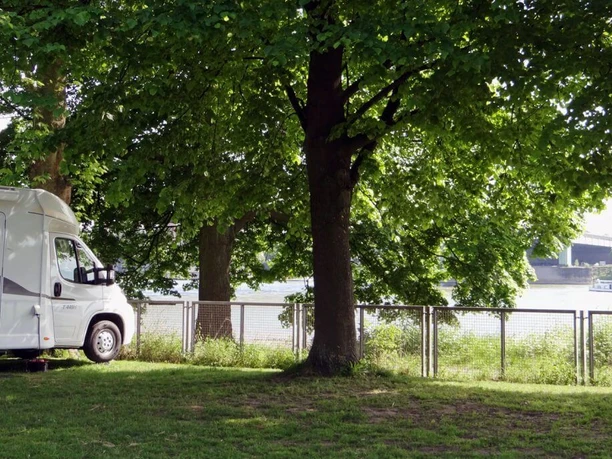 Campingplatz Stadt Koeln Wohnmobil parkt unter grünen Bäumen, mit Blick auf den Rhein und eine nahegelegene Brücke in Köln.