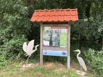 Auwald Hingste Zwei silberne Reiher-Skulpturen flankieren eine Infotafel mit rotem Dach in einem grünen Waldstück.