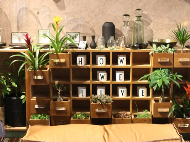 How we live Stylishly decorated store displays a vintage wooden chest of drawers planted with tropical plants. Creative "How We Live" letters are displayed on wooden cubes in small compartments, surrounded by colorful wall masks and butterfly pictures. A cozy, brown ottoman invites you to linger in the foreground, elevated by a large, modern lamp.