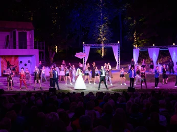 Freilichtbühne in Bökendorf Eine Freilichtbühne mit einer bunt gekleideten Tanzgruppe vor einem Abendpublikum im Freien.