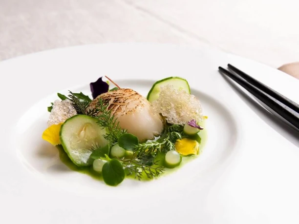 Taku An elegant scallop placed on a white plate, surrounded by delicate herbs, cucumber slices, and foam, served alongside chopsticks.