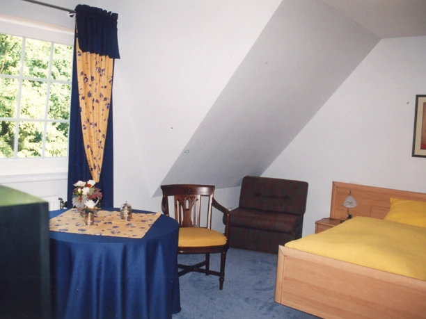 Reiterhof Schlultz Gemütliches Zimmer mit Einzelbett, Sessel und Tisch, gelben Akzenten und Blick ins Grüne.