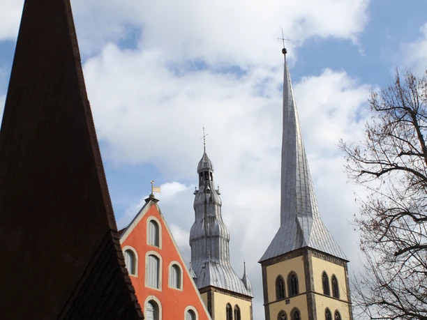 Historische Gebäude mit markanten Türmen erheben sich unter einem klaren Himmel in einer Altstadt.