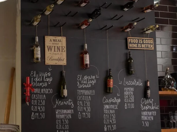 NeoNeo Eine schwarze Kreidetafel zeigt eine Weinauswahl in einem stilvollen Innenraum mit hängenden Weinflaschen als Dekoration.