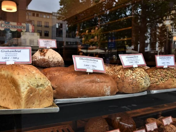 Bakery Balkhausen Bread on display in the shop window.