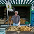 Älterer Herr verkauft frische Kartoffeln an einem Marktstand unter einem gestreiften Zelt.Elderly man selling fresh potatoes at a market stall under a striped tent.