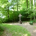 Pilgerkreuz in Brakel - Hainhausen Großes Holzkreuz auf Lichtung im Wald, umgeben von Grün; nahegelegene Holzbank und Infostand.