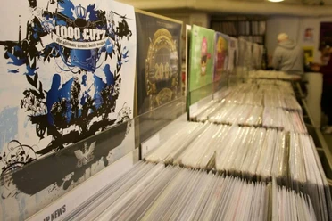Groove Attack Record Store Stacks of records in sleeves lined up in a record store in Cologne.