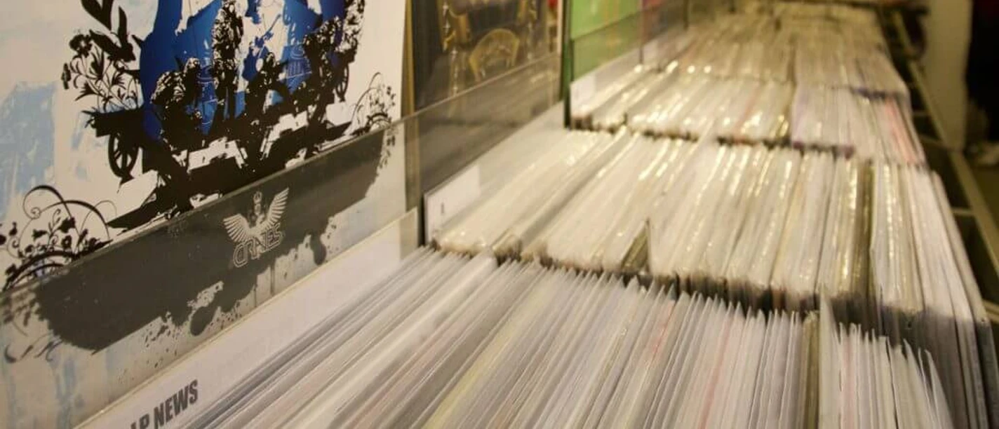 Groove Attack Record Store Stacks of records in sleeves lined up in a record store in Cologne.