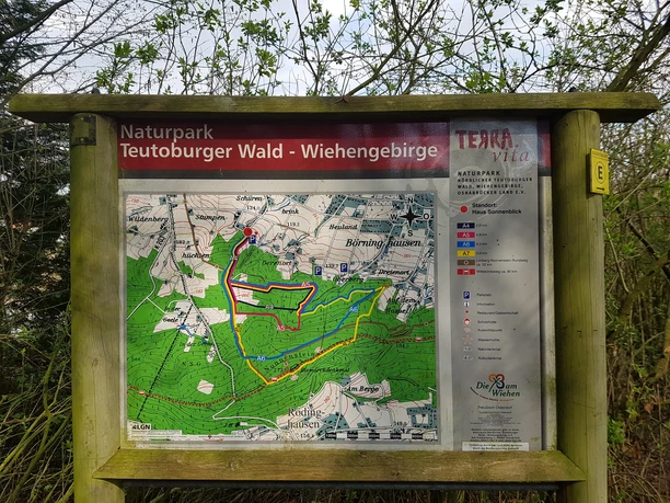 Informationstafel am Wanderparkplatz Haus Sonnenblick Informationstafel des Naturparks Teutoburger Wald mit Wanderwegen bei dichten Waldhintergrund.