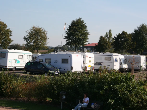 Reisemobile und Autos parken auf einem grünen Stellplatz; Bäume säumen den Hintergrund sanft.