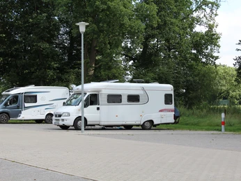 SG Steimbke - Reisemobilstellplatz Steimbke Wohnmobile stehen auf befestigtem Stellplatz vor grüner Waldkulisse in Steimbke.
