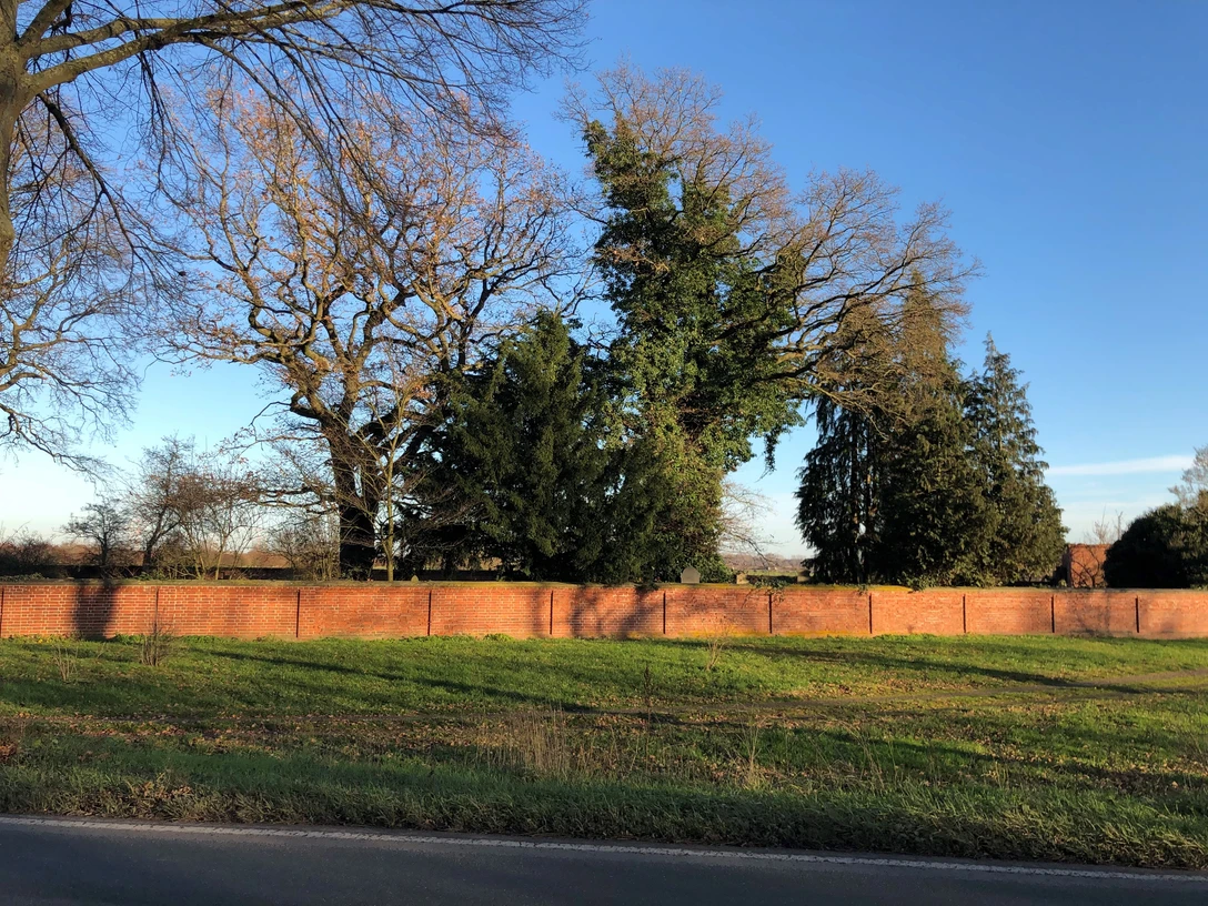 Rote Backsteinmauer umgibt alte Bäume des Jüdischen Friedhofs vor blauem Himmel in Stolzenau.