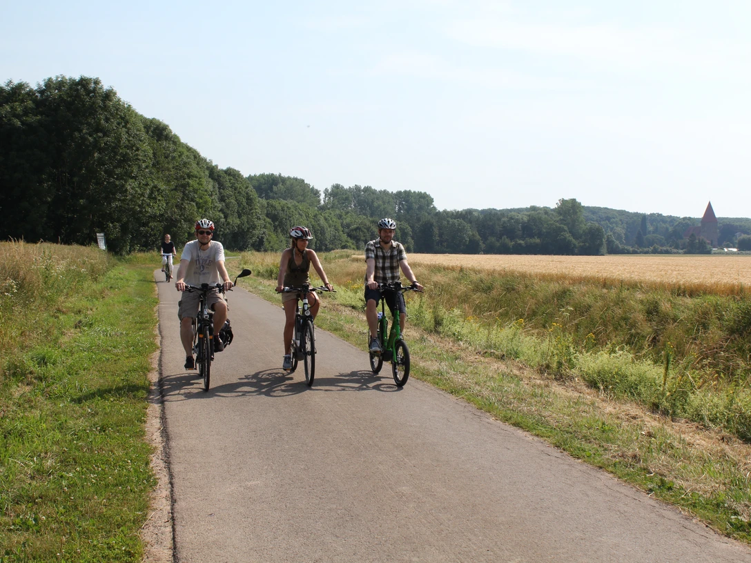 Drei Radfahrer auf einem asphaltierten Weg in einer ländlichen Landschaft mit Feldern und Bäumen.Three cyclists on a paved road in a rural landscape with fields and trees.Tre cyklister på en asfalteret vej i et landligt landskab med marker og træer.Drie fietsers op een geasfalteerde weg in een landelijk landschap met velden en bomen.