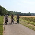 Three cyclists on a paved road in a rural landscape with fields and trees.