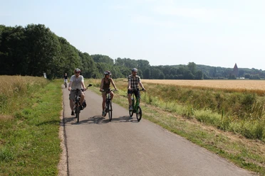 Radfahren Drei Radfahrer auf einem asphaltierten Weg in einer ländlichen Landschaft mit Feldern und Bäumen.
