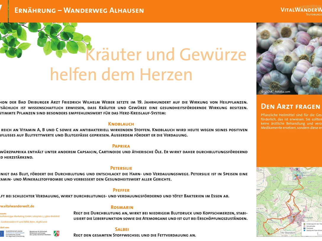 Wanderweg Alhausen: Entdecke natürliche Kräuter und Gewürze für das Herz, informativ präsentiert.